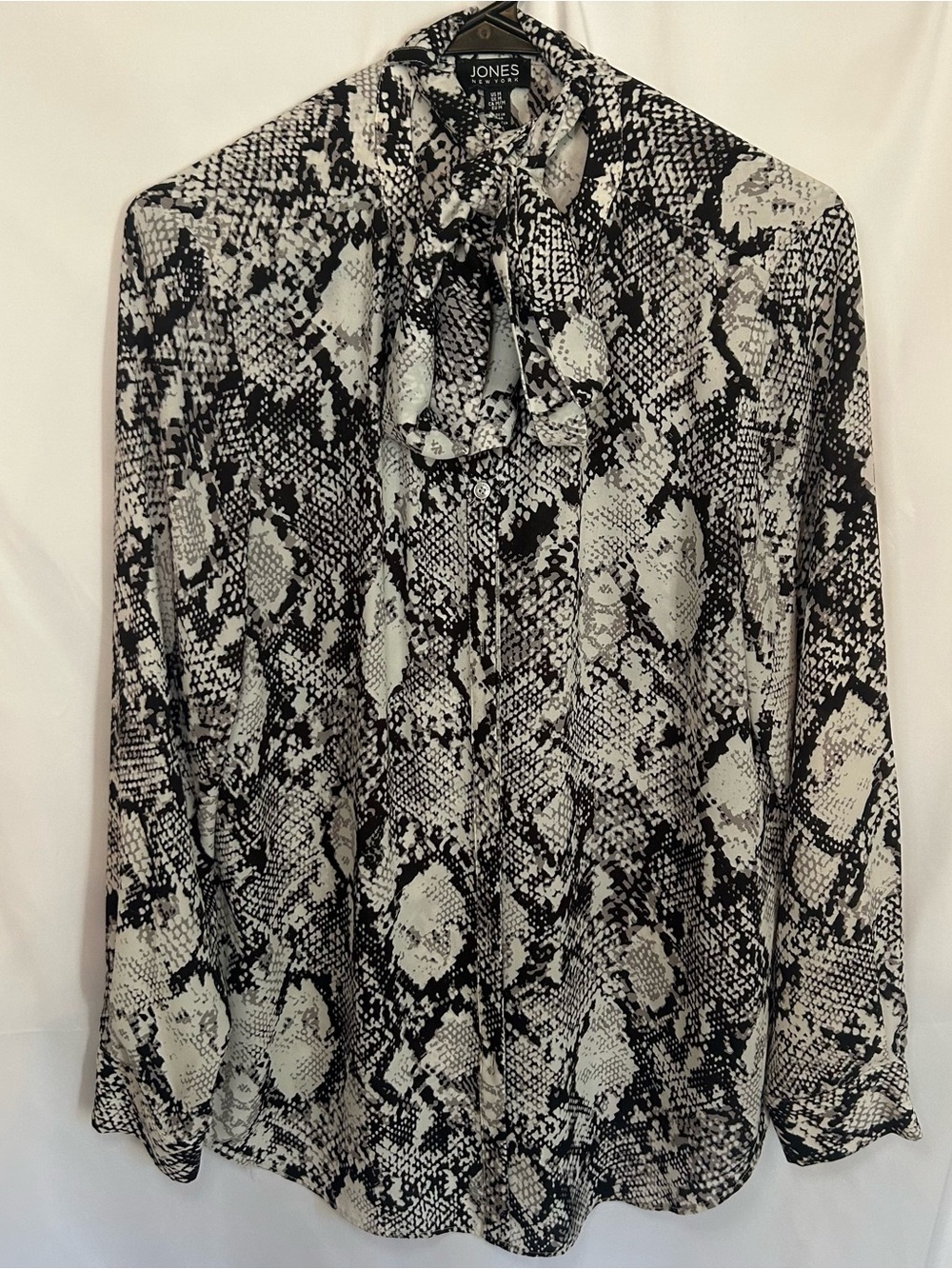 Jones New York Black and White Snake-Print Tie-Neck Blouse